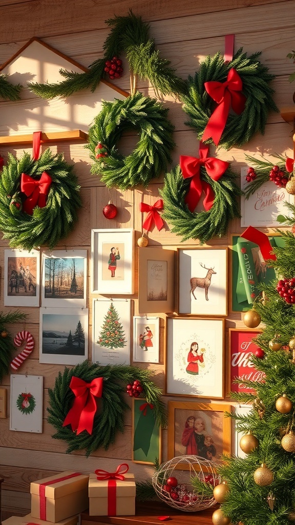 A festive wall decorated with Christmas wreaths and cheerful signs.