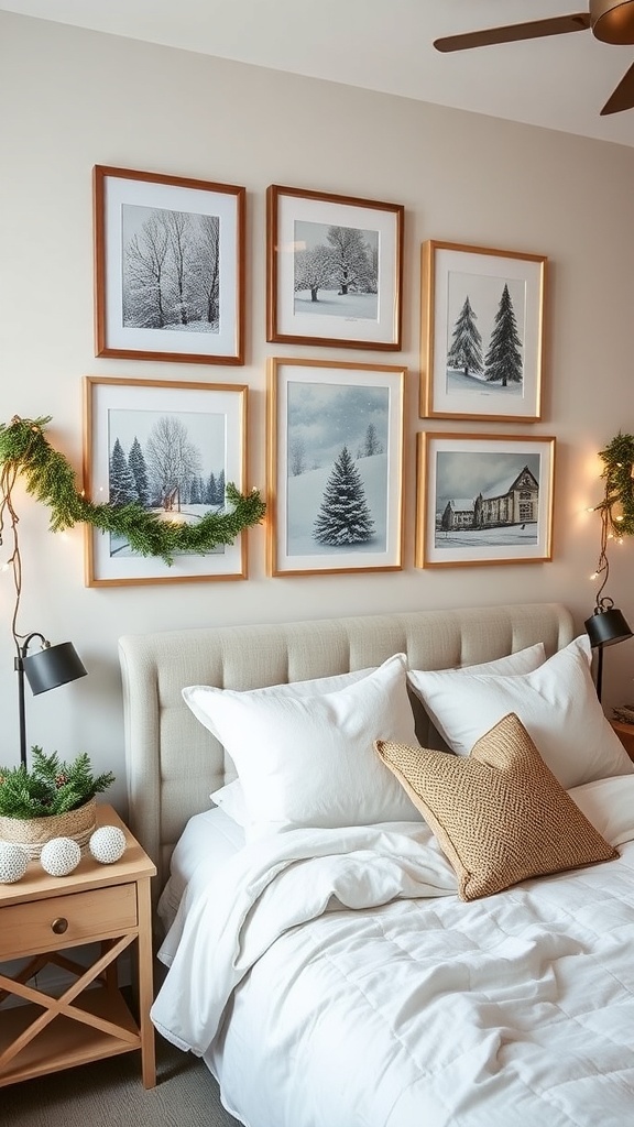 A collection of Christmas-themed wall art and decorations in a cozy bedroom setting.