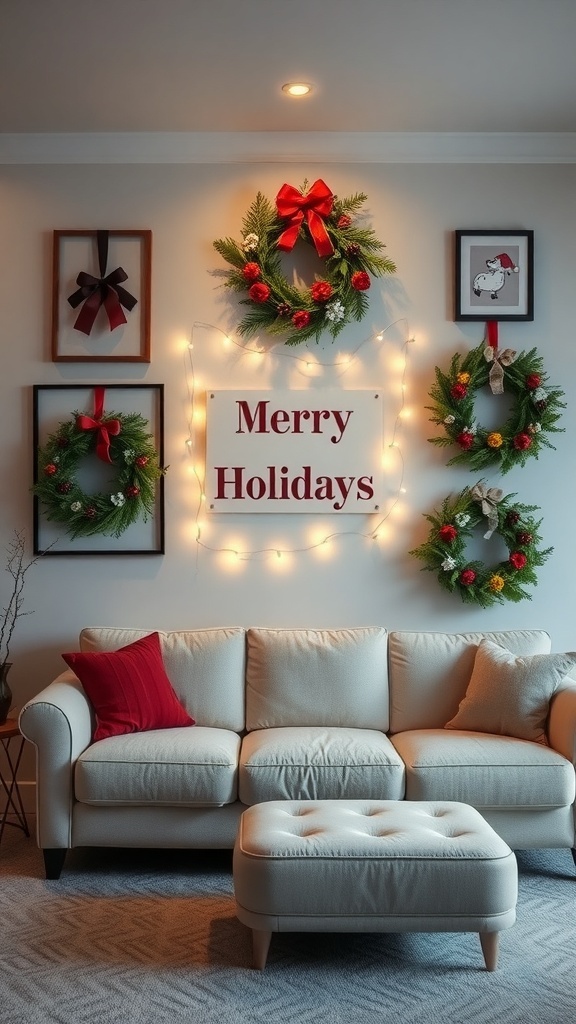 A cozy living room decorated for Christmas with wreaths and a 'Merry Holidays' sign on the wall.