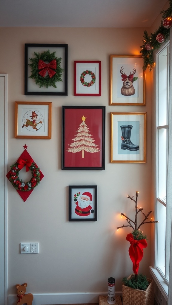 A festive wall art display featuring Christmas-themed frames, wreaths, and a small decorated tree.