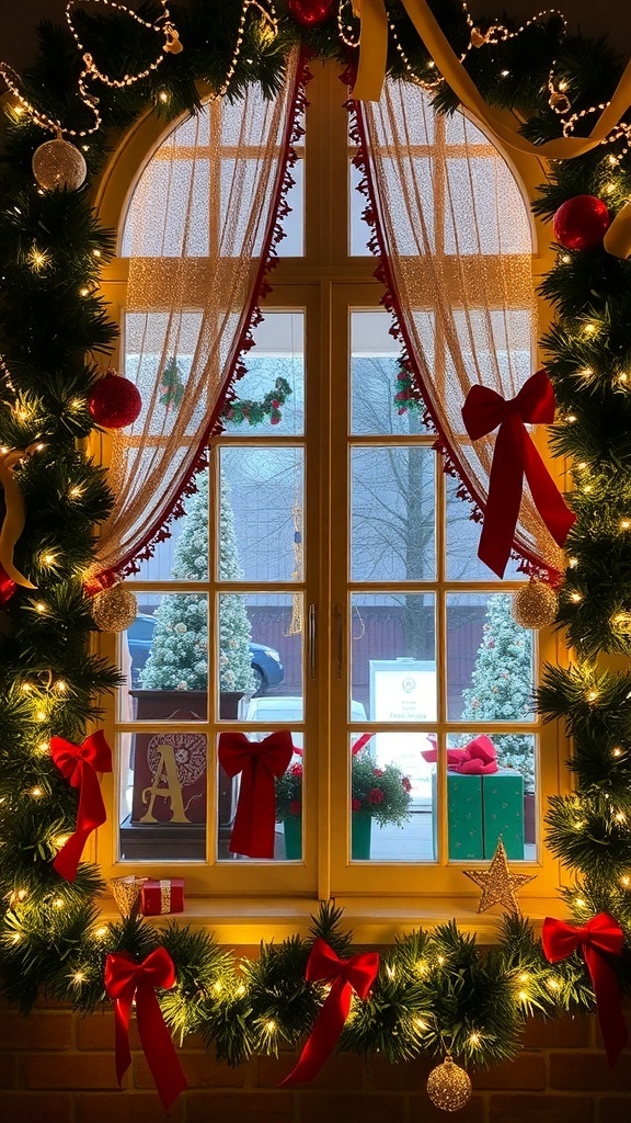 A beautifully decorated window with garlands, ribbons, and ornaments for Christmas.