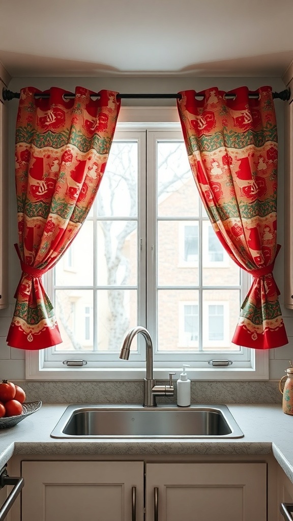 Festive red and green curtains with holiday designs in a kitchen window