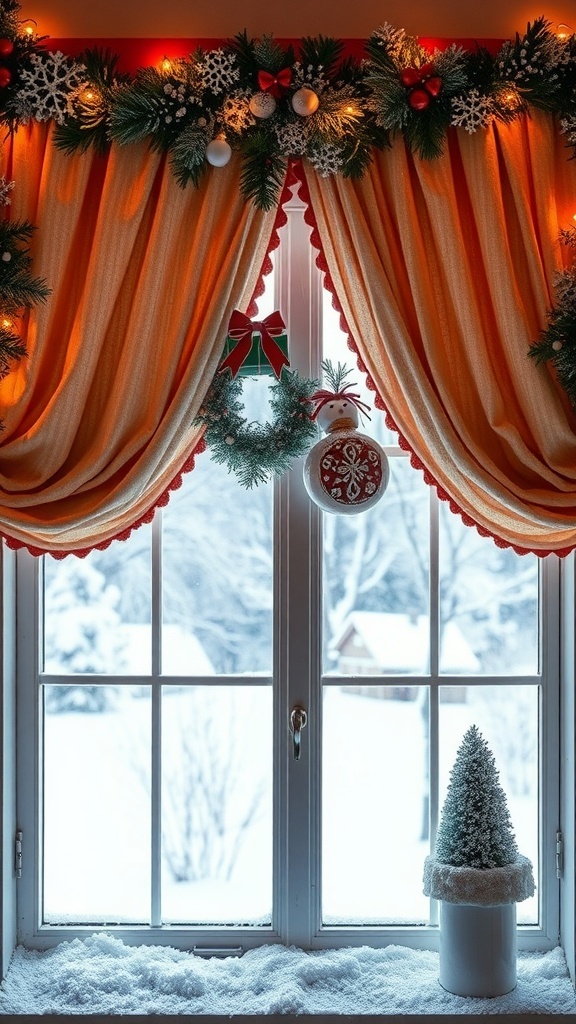 A cozy window decorated with festive curtains, garlands, and a small Christmas tree.