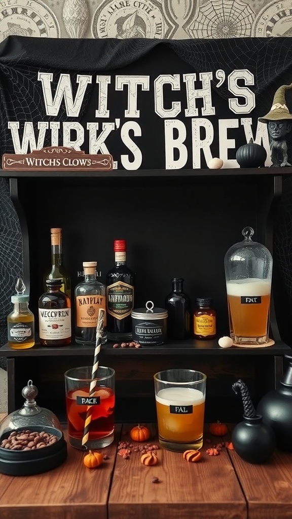 A Halloween drink station featuring a sign that says 'Witch's Brew', various bottles of drinks, and festive decorations.
