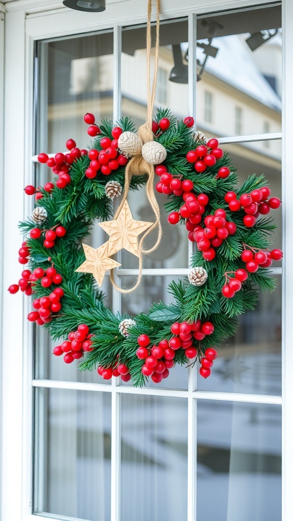 A festive wreath with red berries and a star decoration hanging on a window.