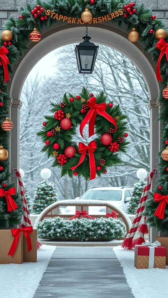 A beautifully decorated Christmas wreath with red ribbons and ornaments, hanging in an archway.