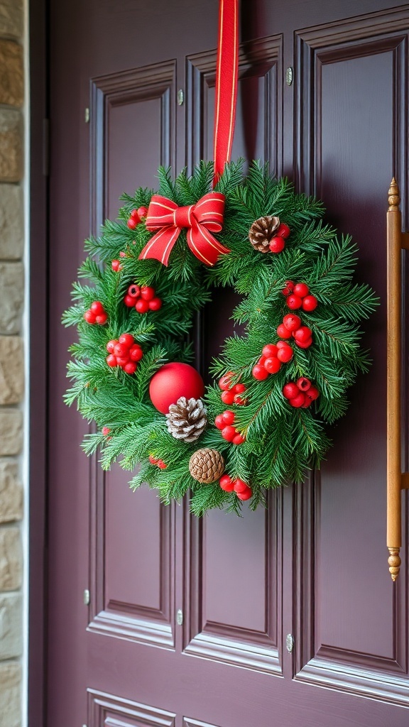 A festive Christmas wreath with red berries, ornaments, and a bow, hanging on a door.