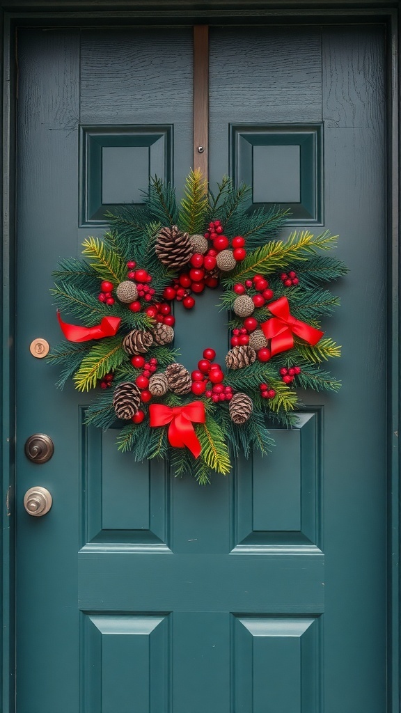 A festive winter wreath with pinecones, red berries, and ribbons on a teal door.