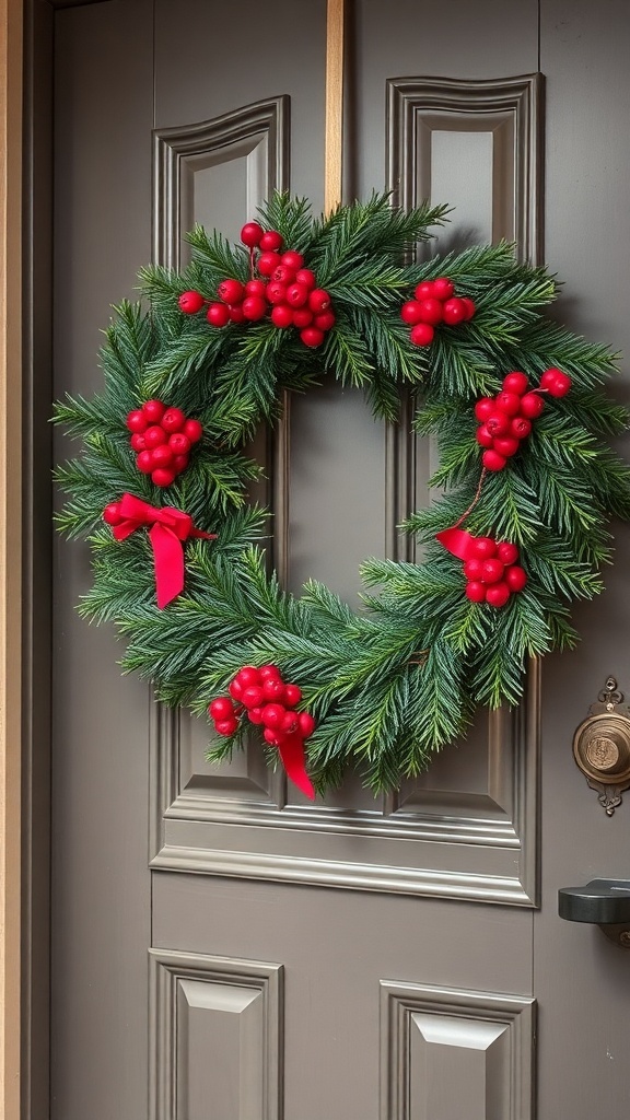 A festive wreath with red berries and green foliage hanging on a door.