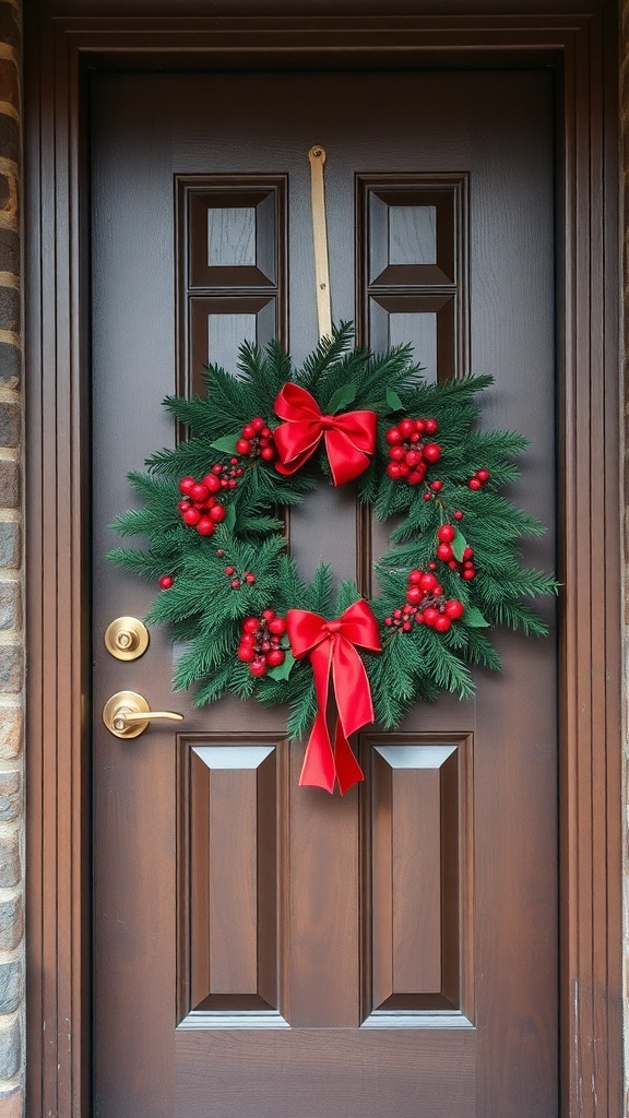 A festive wreath with red berries and a bow on a brown door.