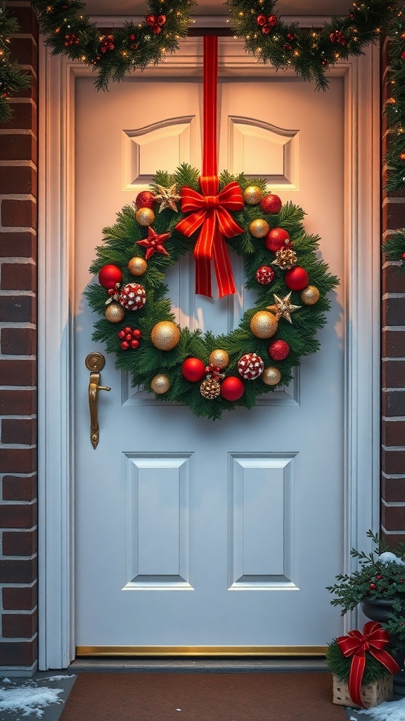 A beautifully decorated Christmas wreath on a door, featuring red and gold ornaments and a large red bow.