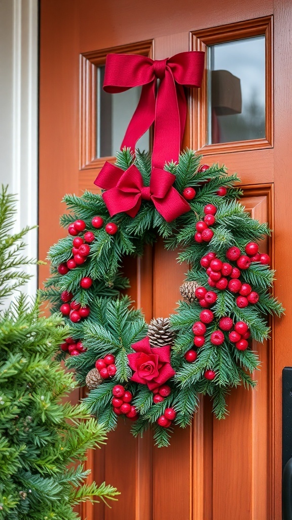 A festive wreath with red berries and a bow on a front door.