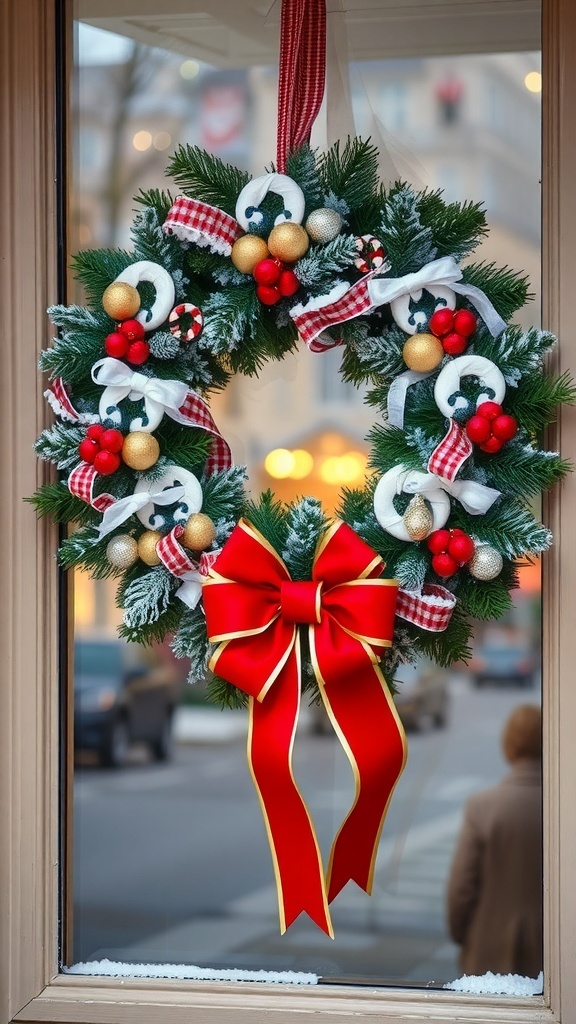 A festive Christmas wreath with red and gold decorations and a large bow, hanging in a window.