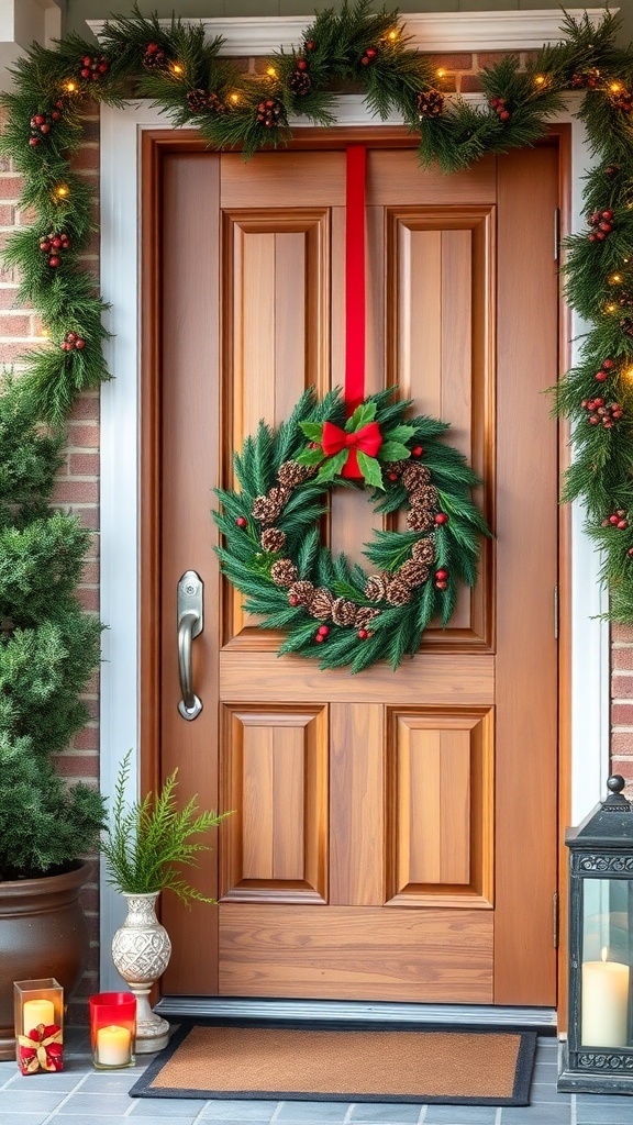 A festive wreath made of evergreen branches and pinecones, hanging on a wooden door, with garlands and candles on the porch.