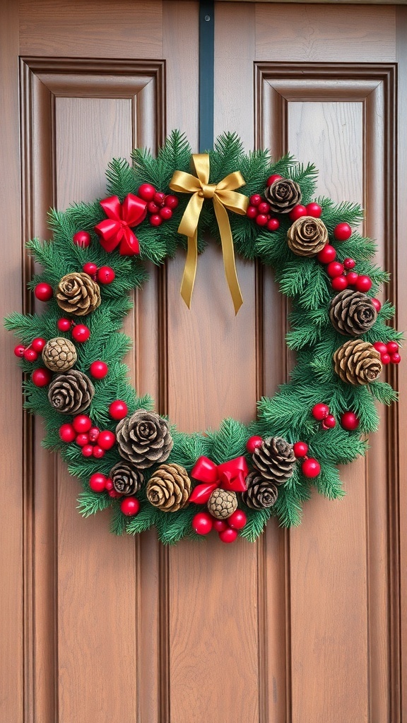 A festive wreath with pinecones, red berries, and ribbons on a wooden door.