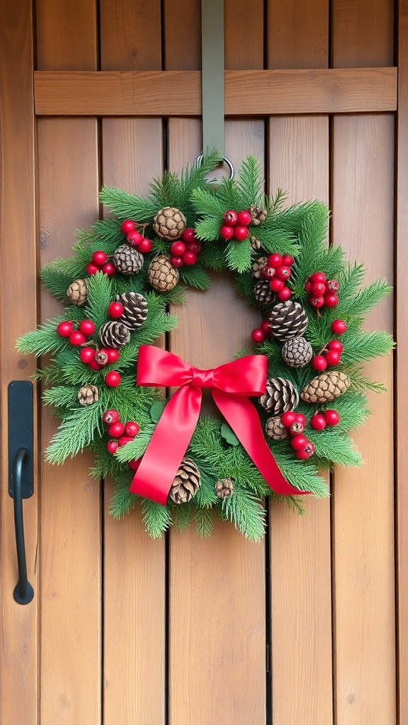 A festive wreath made of pine branches, pinecones, and red berries, adorned with a red bow, hanging on a wooden door.