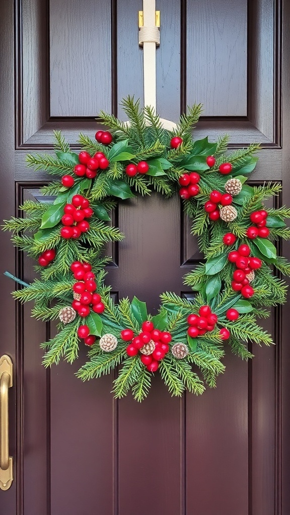 A festive Christmas wreath with red berries and pine on a dark wooden door.