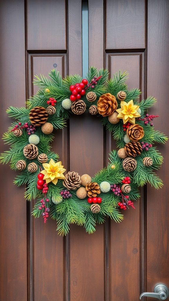 A festive wreath made with pinecones, berries, and greenery, hanging on a wooden door.