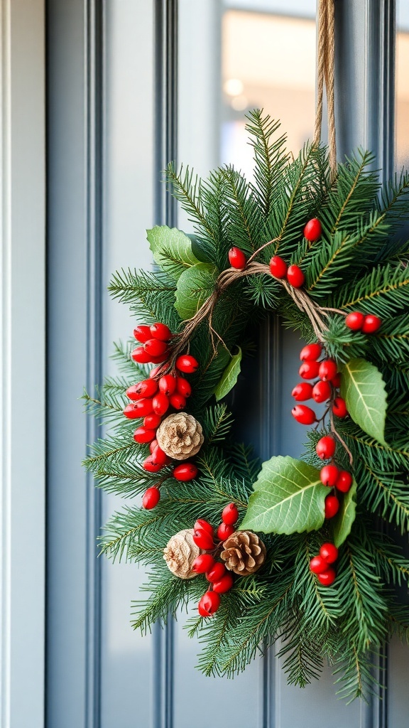 A festive wreath with red berries and pinecones hanging on a door.