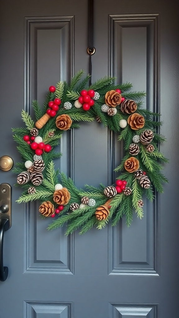A festive wreath featuring pinecones, red berries, and greenery on a dark front door.