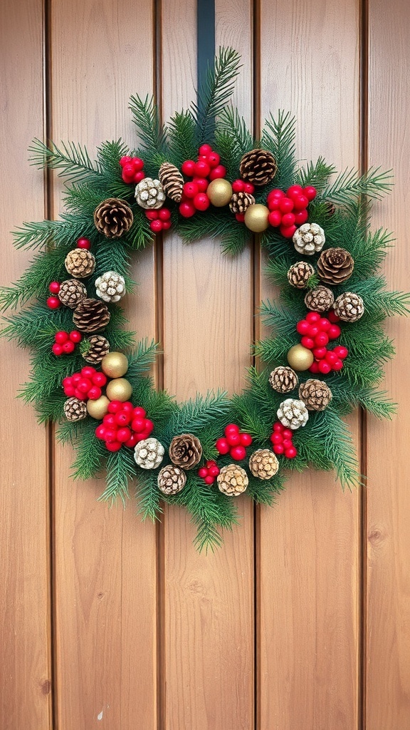 A festive wreath made with pinecones, red berries, and gold ornaments, hanging on a wooden door.
