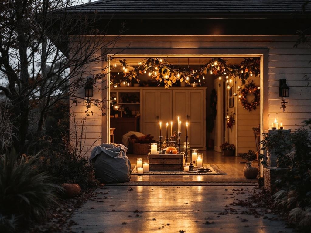 A beautifully decorated garage for Thanksgiving with warm lighting, candles, and autumn decorations.