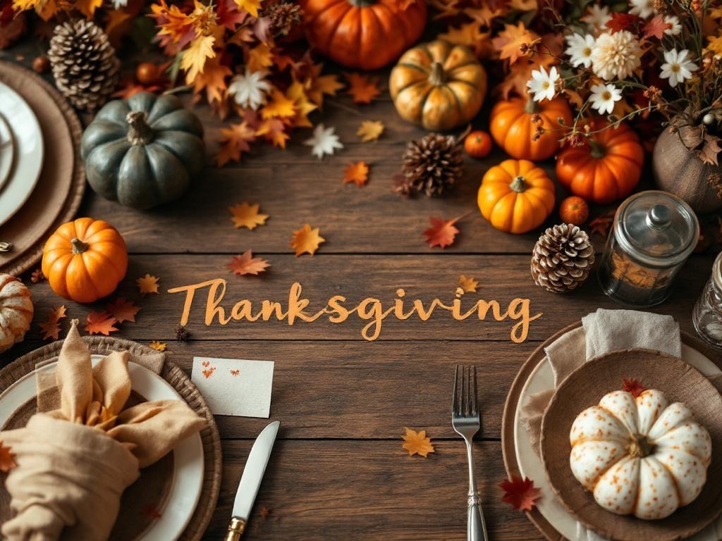 Thanksgiving dining table with pumpkins, leaves, and elegant place settings