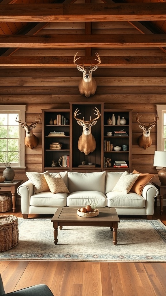 A cozy farmhouse living room featuring deer mounts on the wall, a white sofa, and wooden accents.