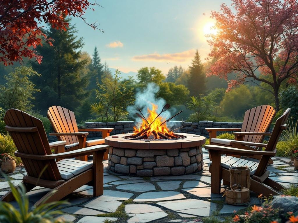 A cozy backyard fire pit cooking station with wooden chairs and a stone fire pit surrounded by trees.