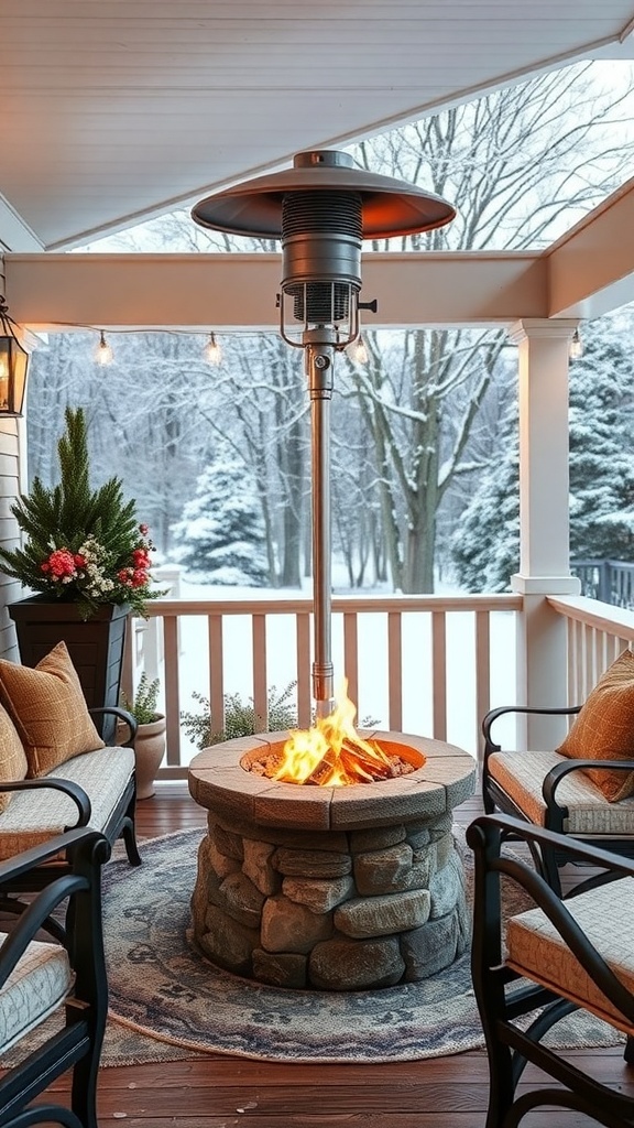 A cozy winter porch with a fire pit and comfortable seating.