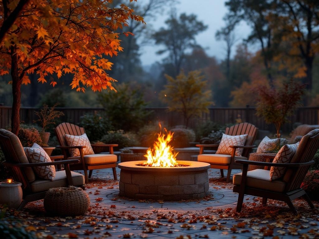 Cozy outdoor fire pit surrounded by comfortable seating and autumn leaves.