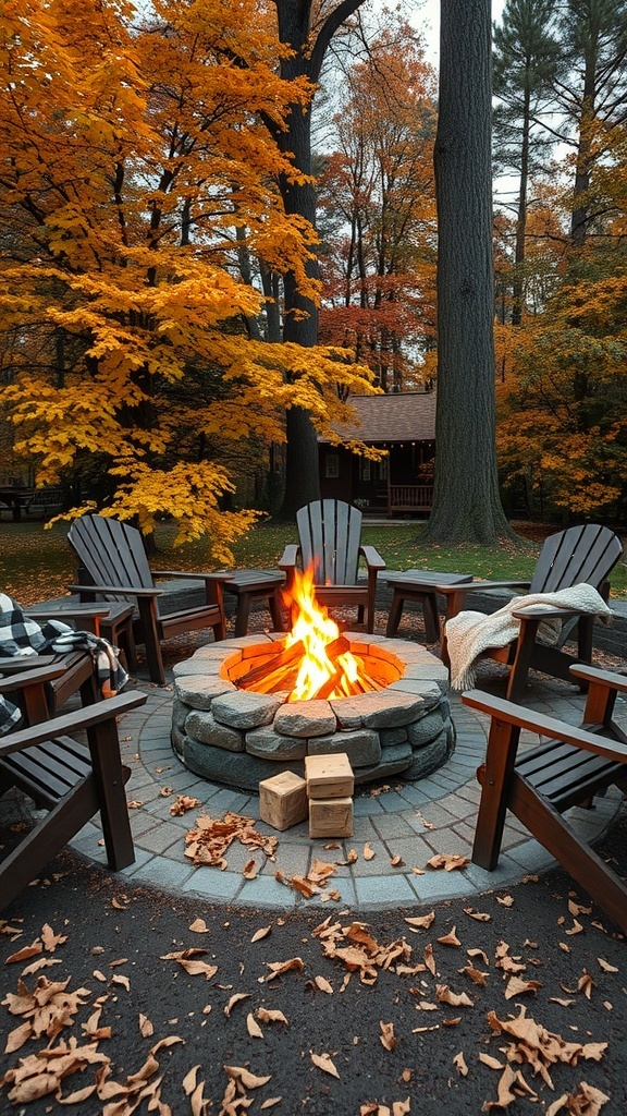 A cozy fire pit surrounded by wooden chairs, with autumn leaves in the background.