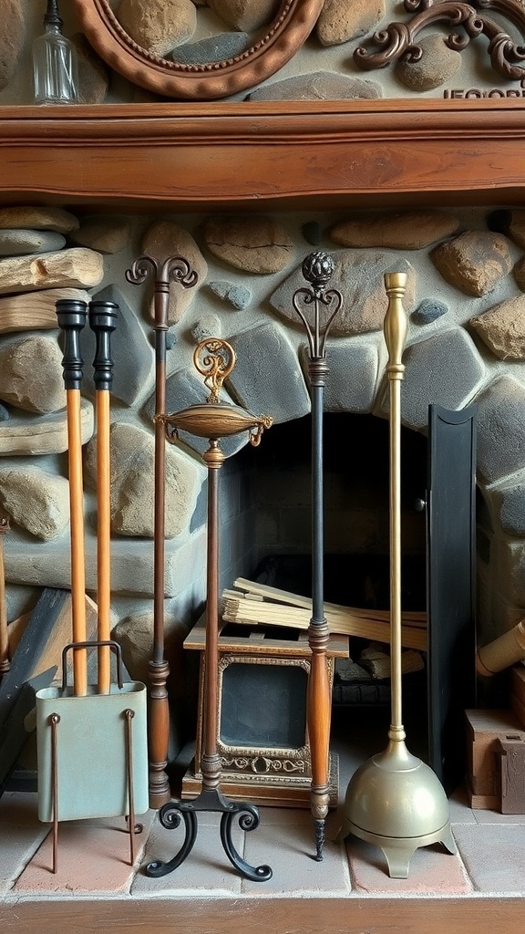 Rustic fireplace accessories including fire pokers, log holder, and ash bucket.