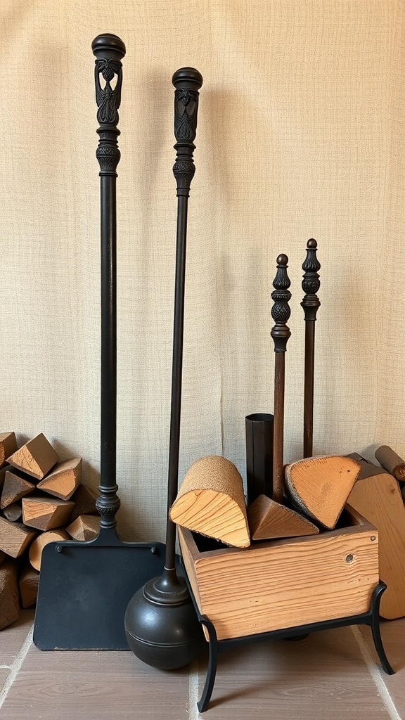 Rustic fireplace accessories including a log holder and fire tools
