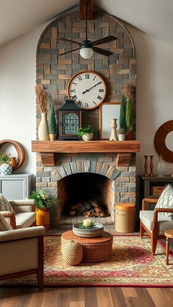 Farmhouse living room with a stone fireplace, wooden mantel, and cozy seating arrangement.