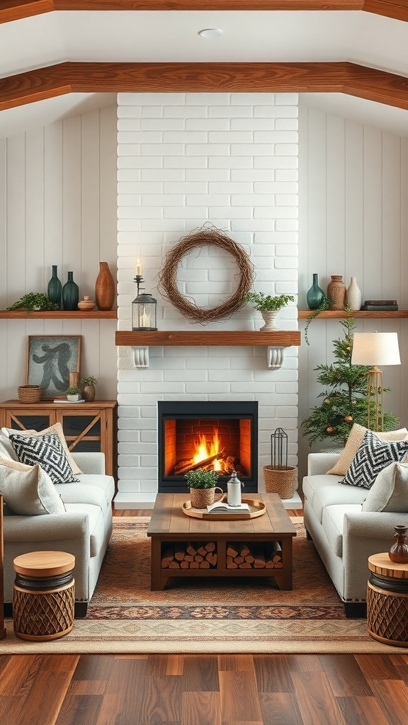 Cozy farmhouse living room with a white brick fireplace, wooden accents, and comfortable seating.