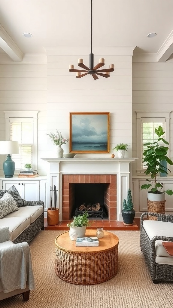 Cozy coastal farmhouse living room with a fireplace as the focal point.