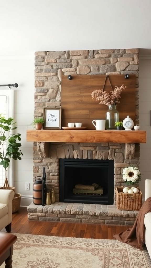 A rustic farmhouse living room fireplace with stone and wood accents.
