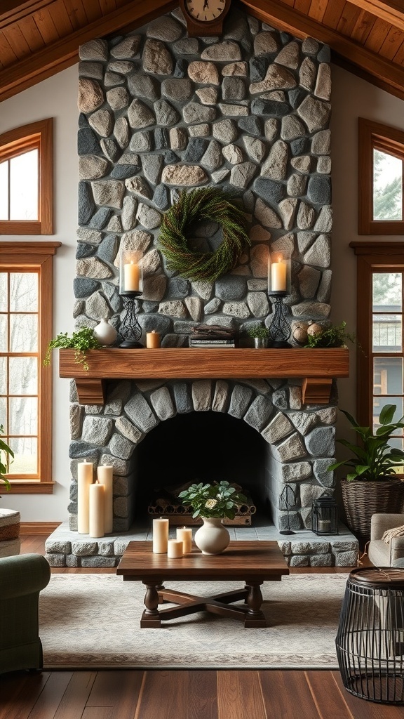 Cozy farmhouse living room with a stone fireplace and candles.