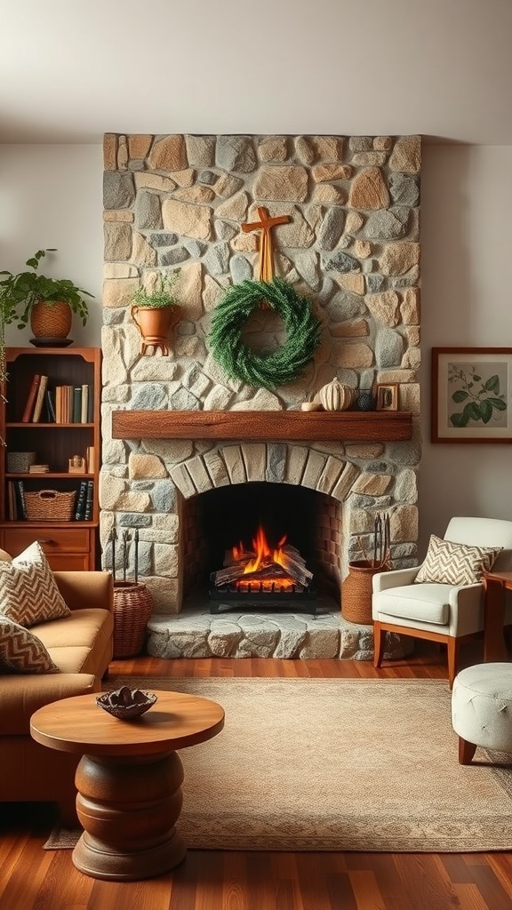 A cozy living room with a stone fireplace, wooden furniture, and a warm atmosphere.