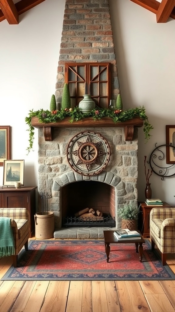 A rustic farmhouse living room with a stone fireplace, wooden beams, and cozy seating.