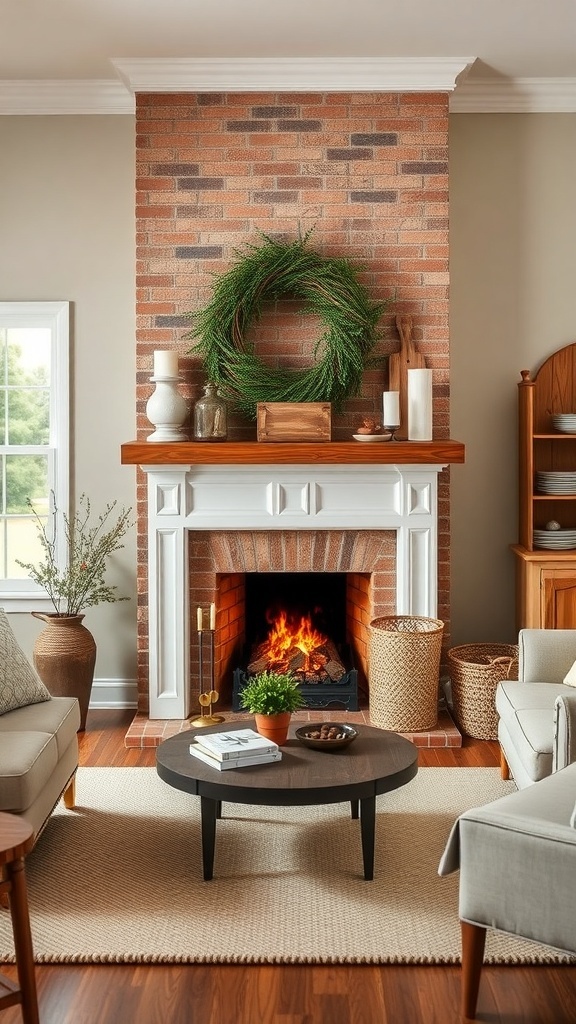A cozy farmhouse living room featuring a brick fireplace with a wreath, wooden mantle, and comfortable seating.