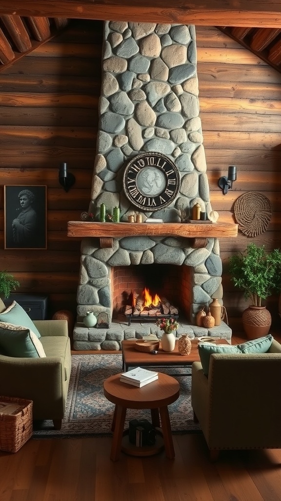 A rustic bedroom featuring a stone fireplace, wooden beams, and comfortable seating.