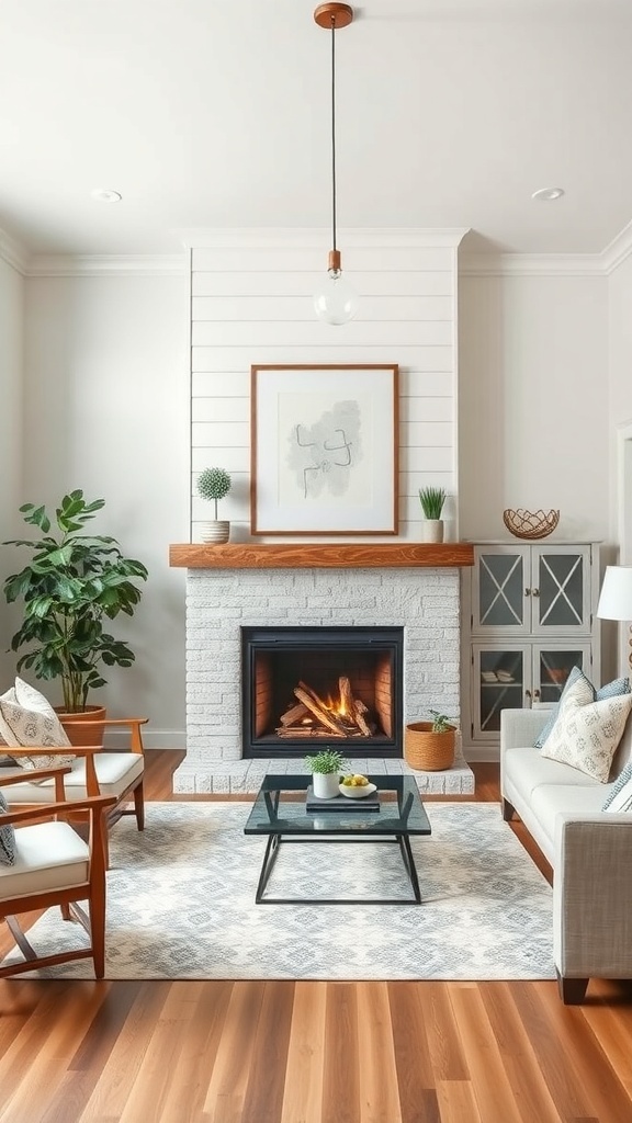 A contemporary farmhouse living room featuring a stylish fireplace, comfortable seating, and a warm atmosphere.
