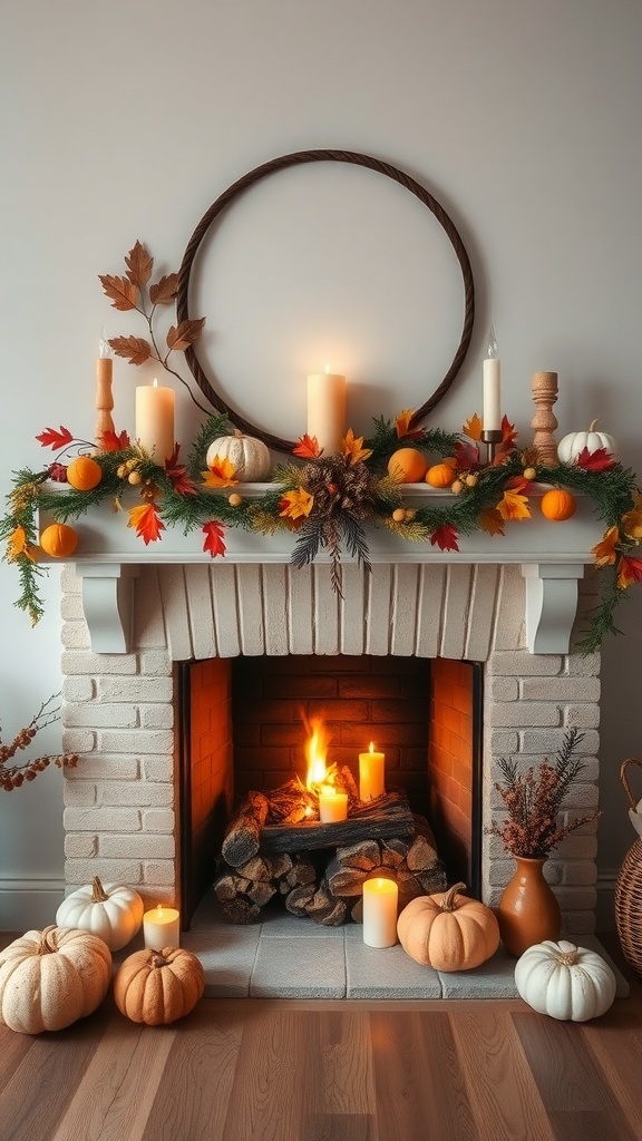 A cozy autumn fireplace setup with pumpkins, candles, and colorful leaves.