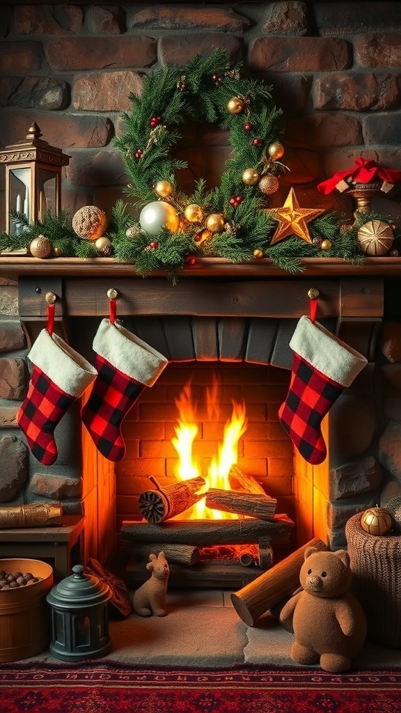 A cozy fireplace decorated with stockings, a wreath, and plush toys.