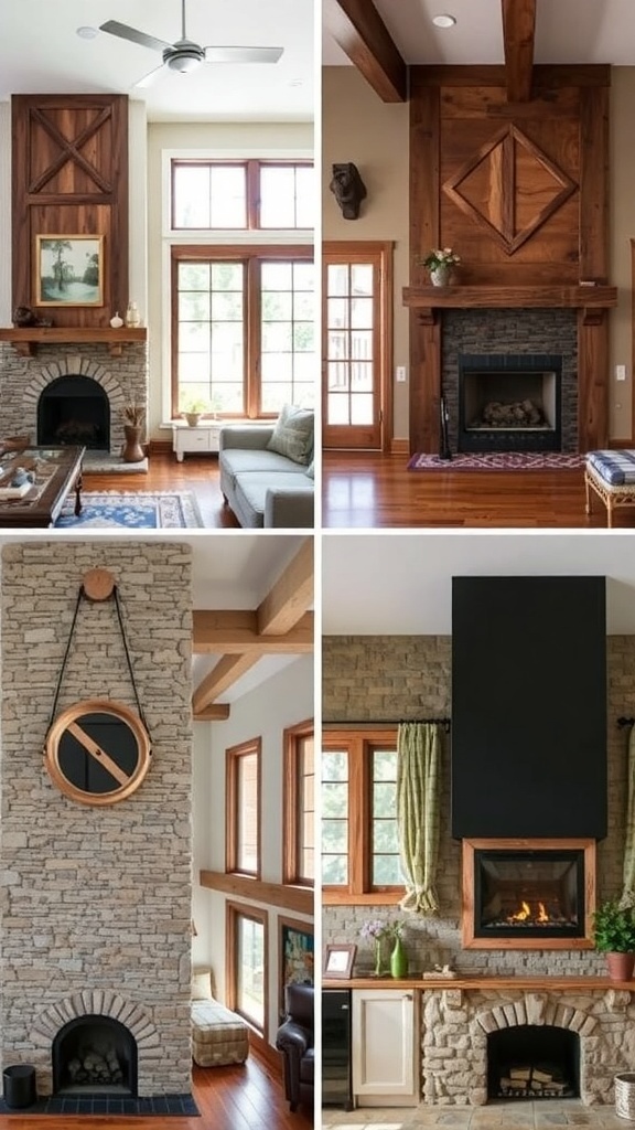 Collage of various rustic fireplace designs showcasing different styles and materials.