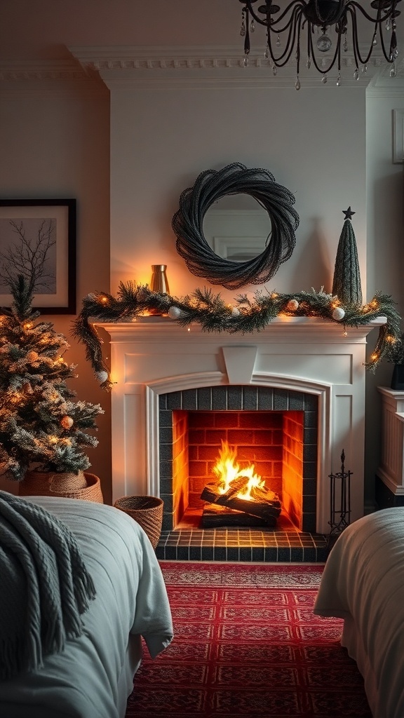 A cozy winter bedroom featuring a fireplace with a warm fire, decorated with garlands and a Christmas tree.
