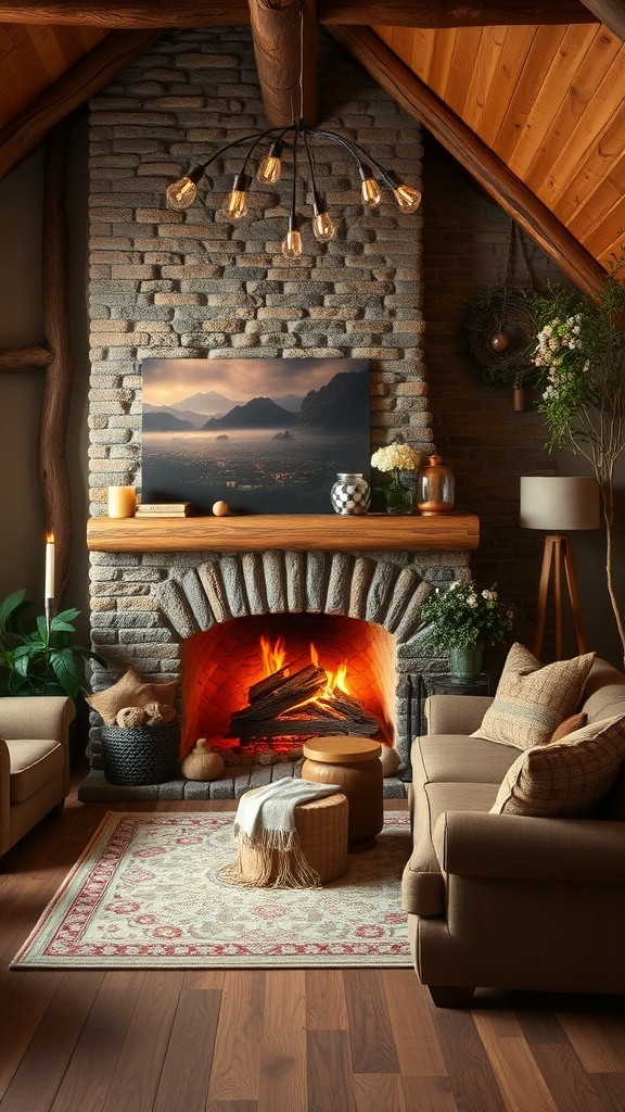 Cozy rustic bedroom with a stone fireplace, comfortable seating, and warm lighting.