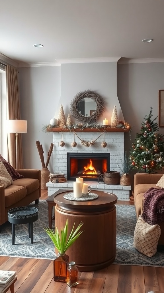 Cozy winter living room with a fireplace, decorated for the season.